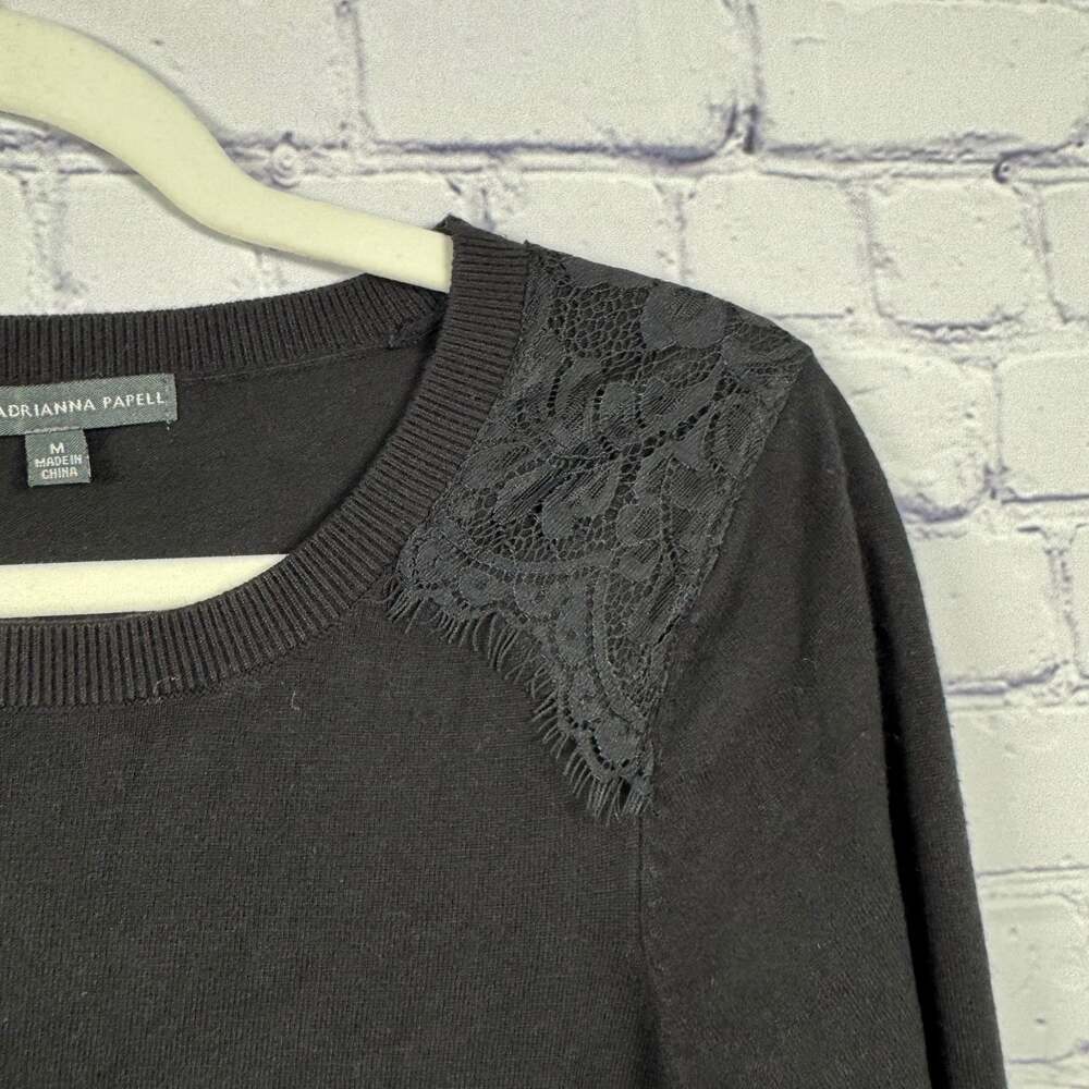 Adrianna Papell Black Long Sleeve Lace Hem Sweater Top Size Medium - Picture 2 of 6